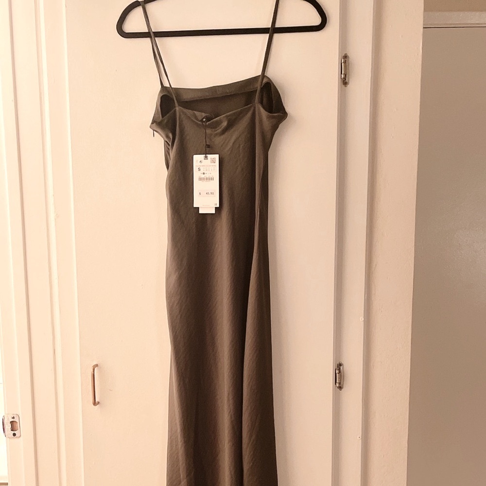 COPY - Zara army green maxi dress with ruched side and spaghetti straps